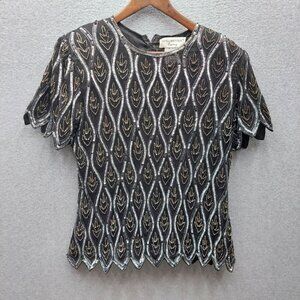 VTG Adrianna Papell Boutique Evening Black & Silver Beaded Silk Short-Sleeve Top